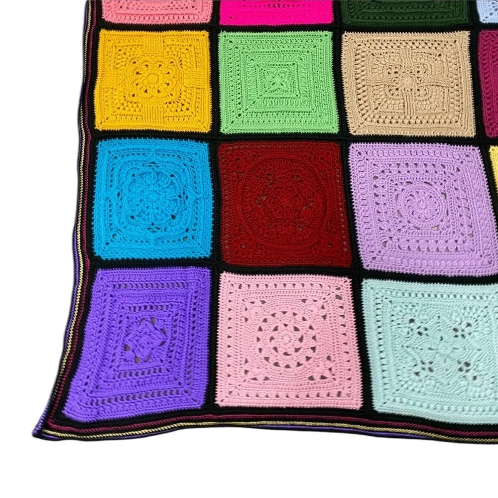 Vintage Granny Afghan Patch Crochet Knit Rainbow Throw Blanket 66” Square